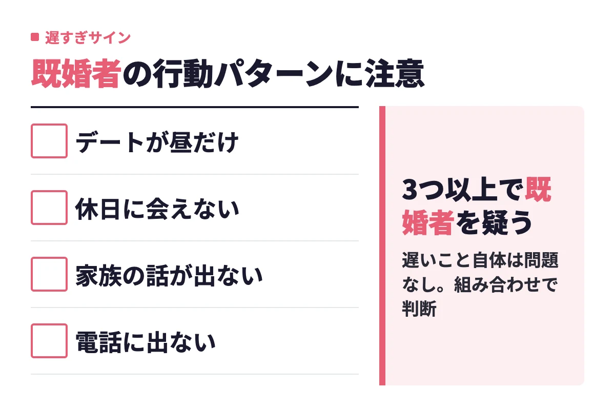 デートが昼だけ、休日に会えない、家族の話が出ない、電話に出ないというサインが3つ以上揃うと、慎重な性格ではなく既婚者の行動パターンに一致する。