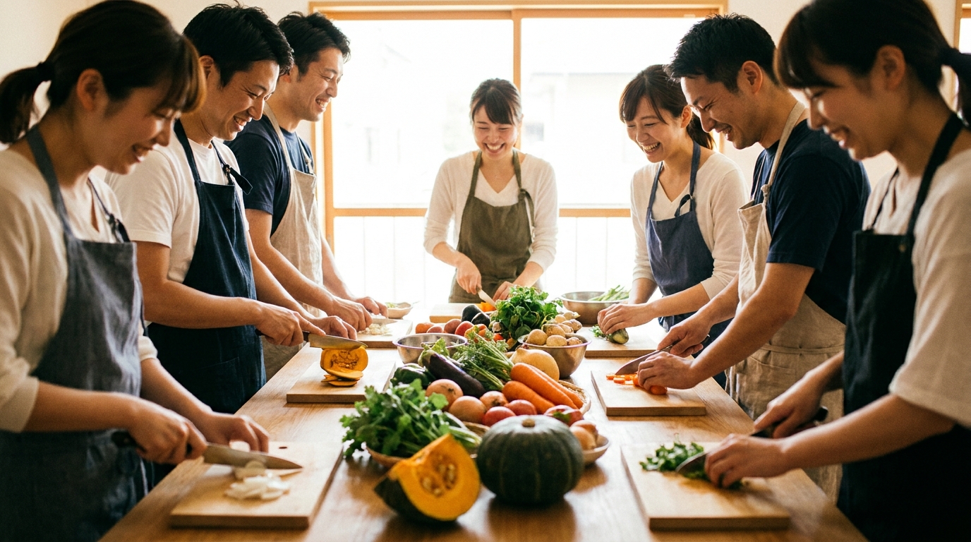料理教室で談笑する男女