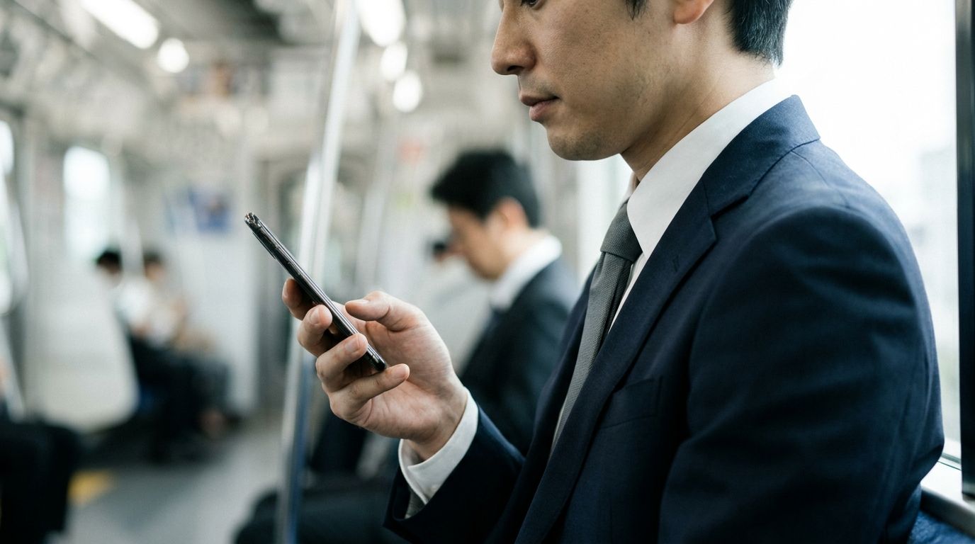 通勤中にスマホを操作する会社員