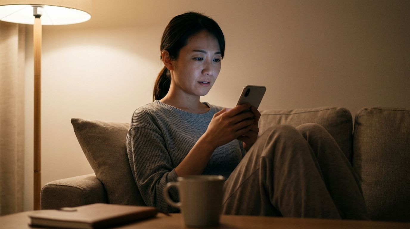 夜にスマホを眺める女性