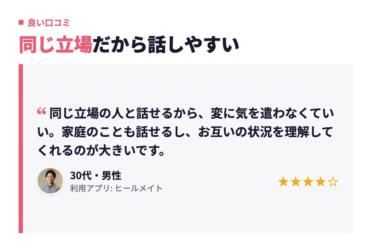 同じ立場の人と話せるから変に気を遣わなくていいという30代男性の口コミ。家庭のことも話せてお互いの状況を理解してくれる点が高評価。