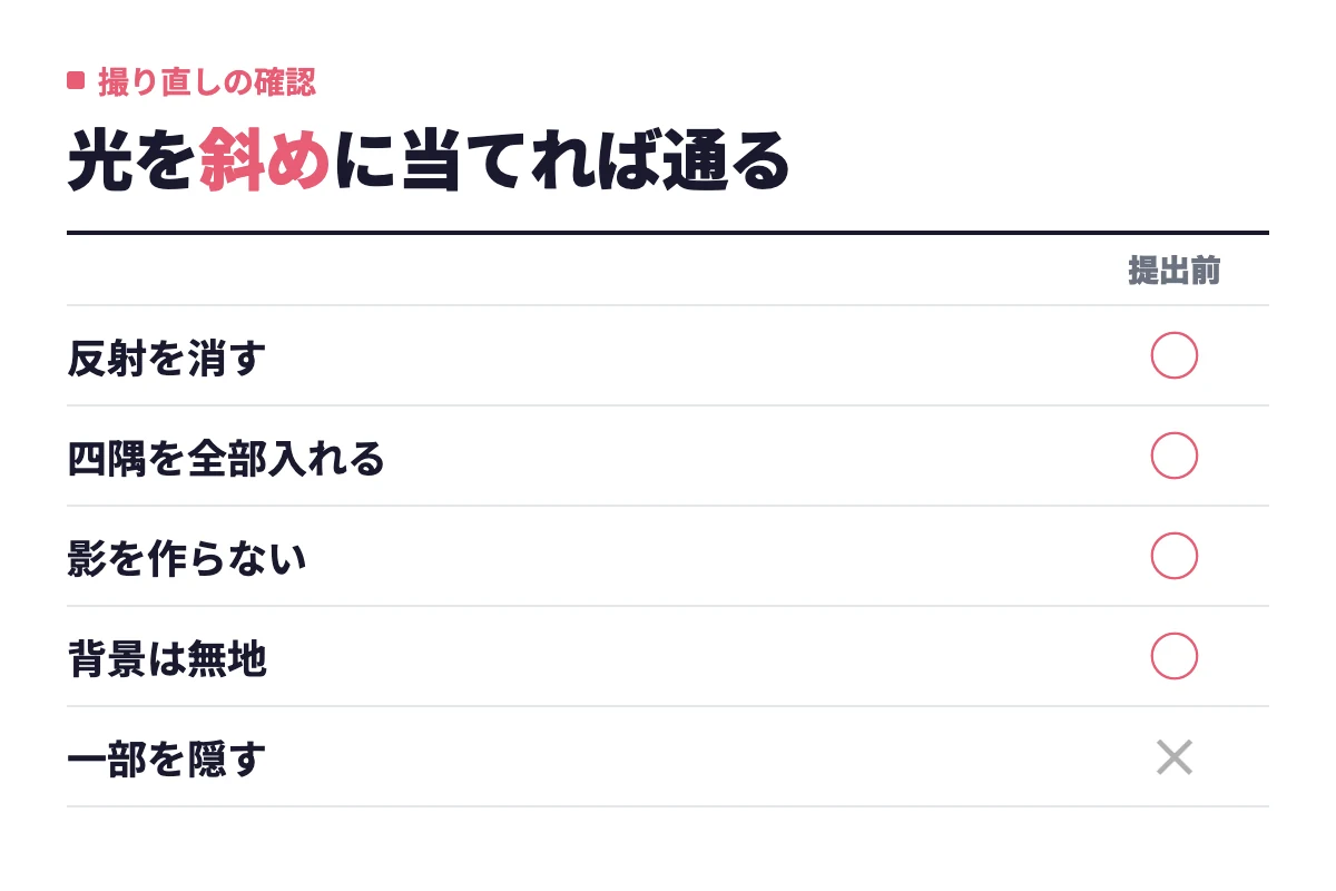 身分証を撮るときは反射を消し、四隅を全部入れ、影を作らず、背景は無地にする。一部を隠すのは公式にNGで通らない
