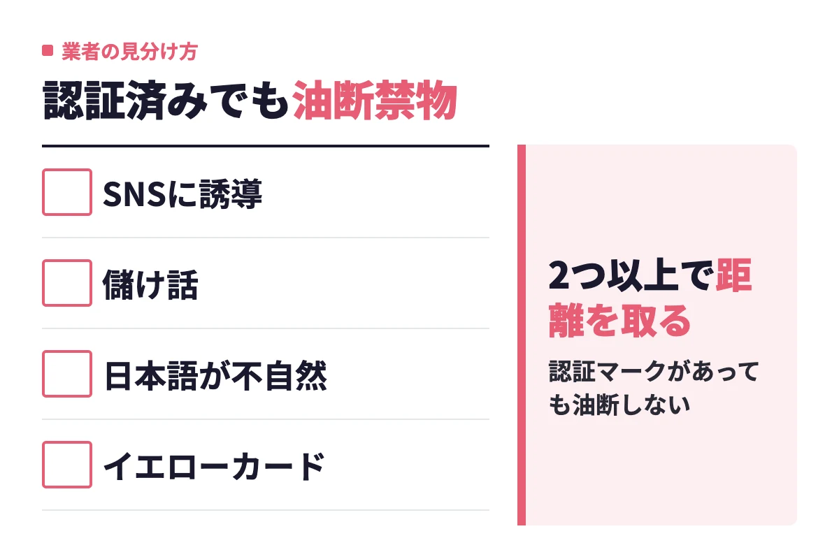 SNSへの誘導や儲け話、不自然な日本語、イエローカードなどのサインが2つ以上当てはまる相手とは距離を取る