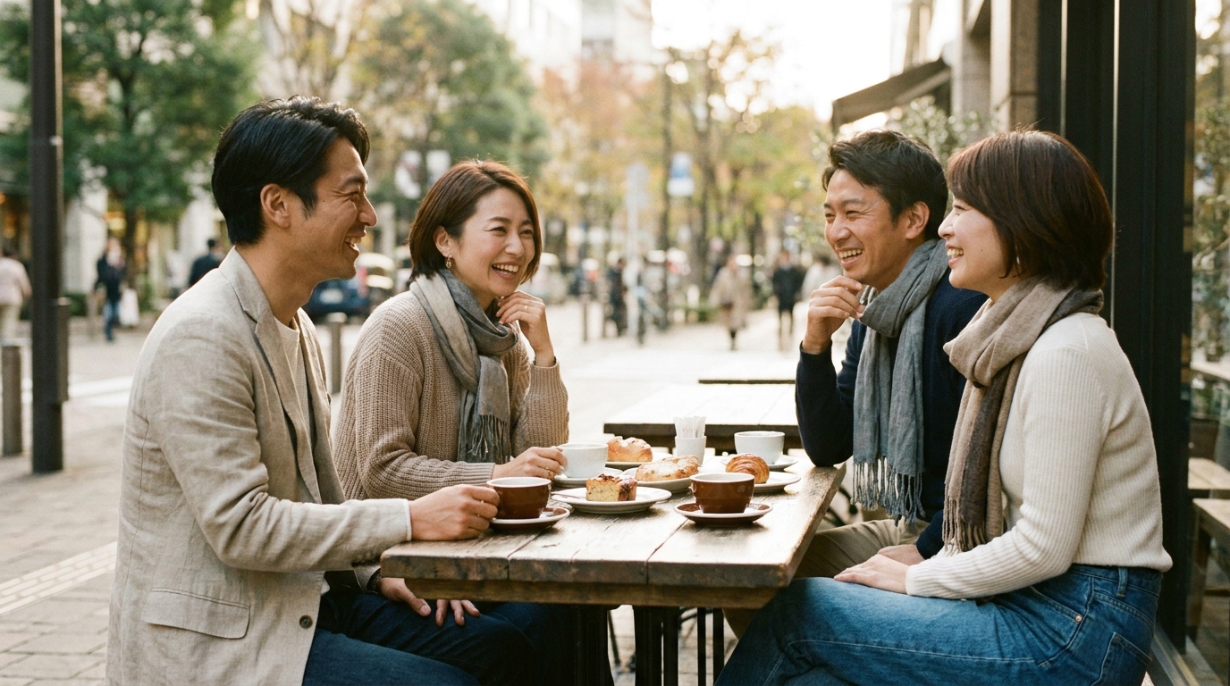 大人同士が談笑するカフェの風景