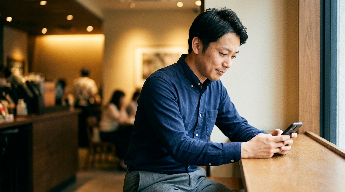カフェでスマホを操作する男性
