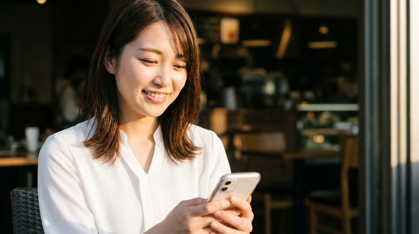 カフェでスマホを見る20代女性