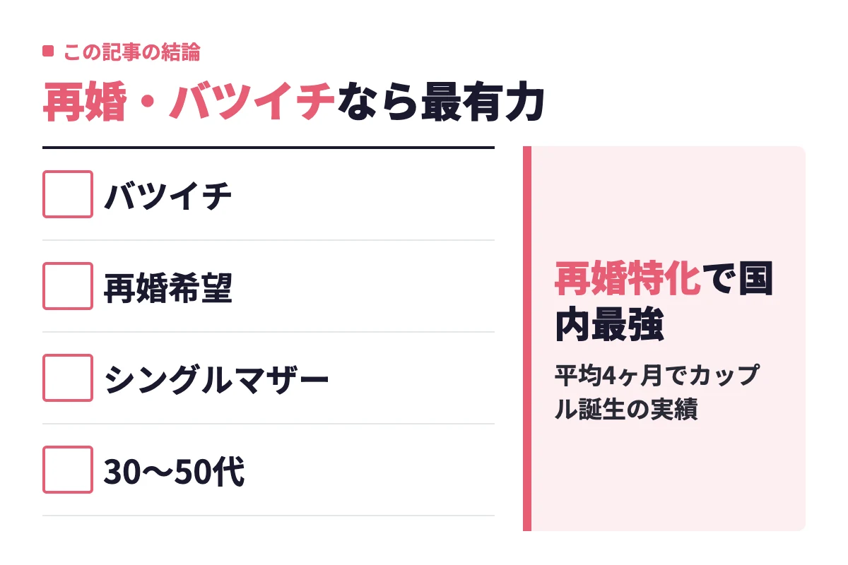 バツイチ・再婚希望・シングルマザー・30〜50代のいずれかに当てはまる人には、再婚特化のマリッシュが最有力という記事全体の結論。