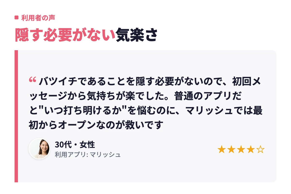 マリッシュを3ヶ月利用した30代女性による、バツイチであることを最初からオープンにできて気持ちが楽だったという口コミ。