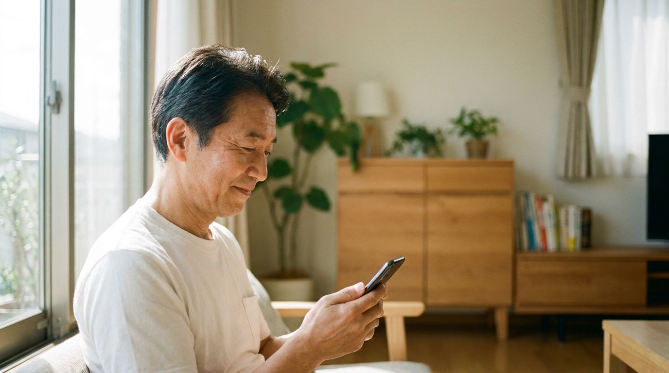 スマホを手に微笑む60代男性