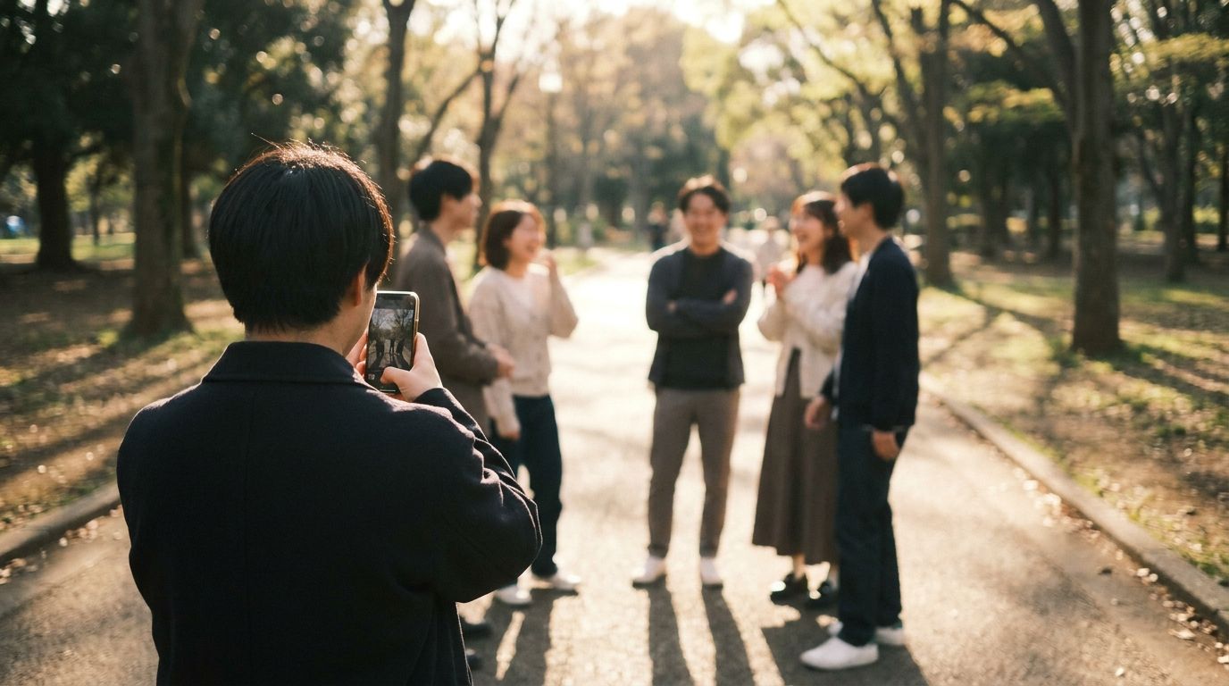 友人にプロフィール写真を撮ってもらう様子