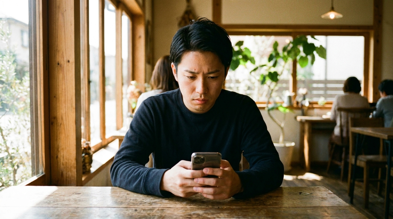 カフェでメッセージを打つ男性