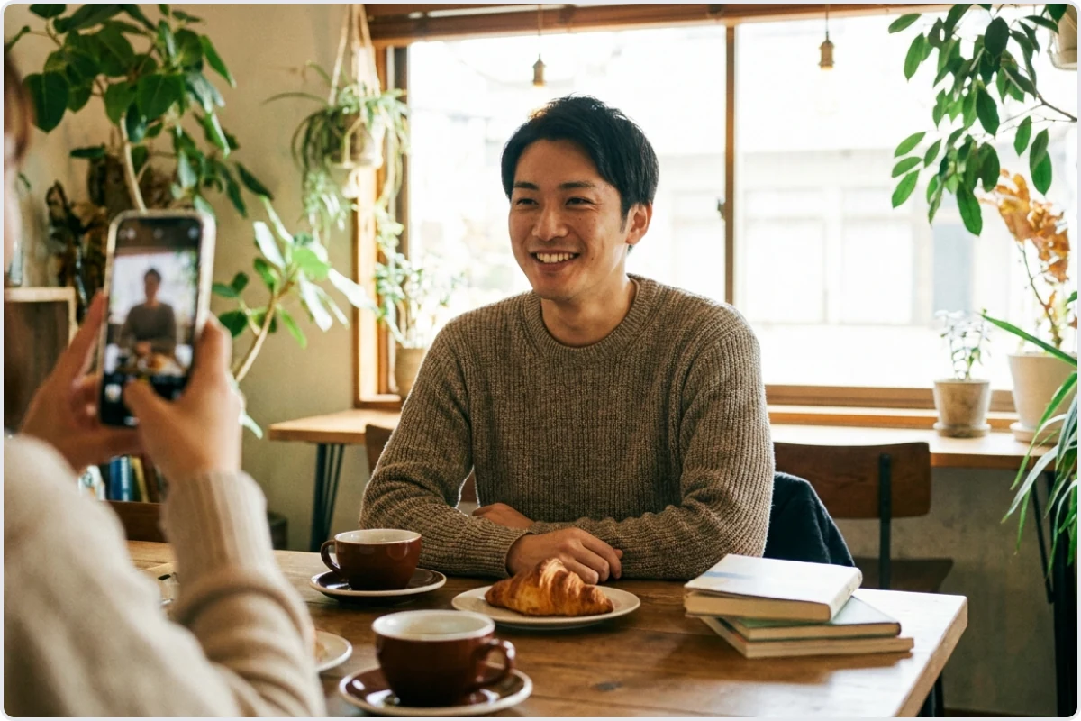 カフェの窓際席で友人にスマートフォンで撮影してもらう日本人男性が、自然光の中でリラックスした笑顔を見せている場面。