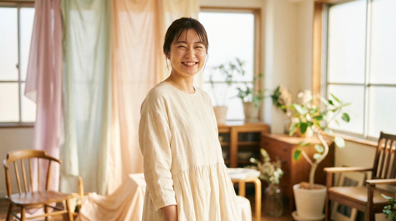 ナチュラルな服装と笑顔の女性例