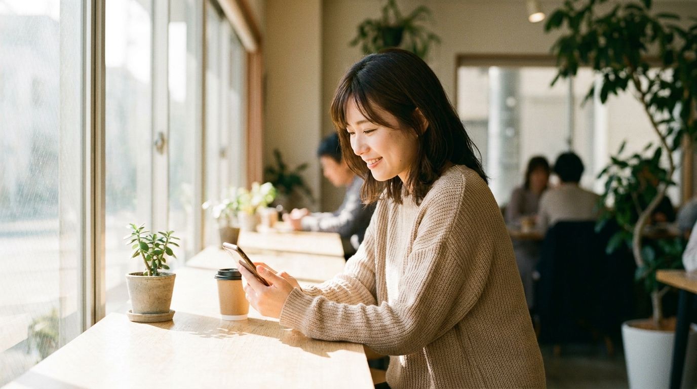 カフェでメッセージを見る女性