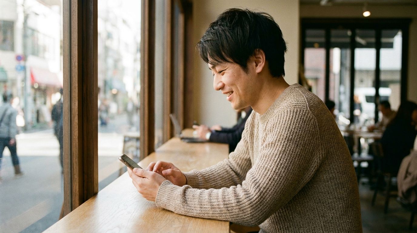スマホで丁寧にメッセージを打つ男性