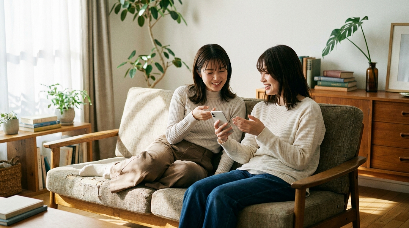 友人に写真を採点してもらう場面