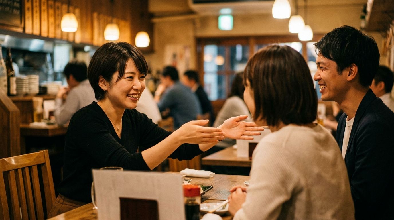 友人による紹介のシーン