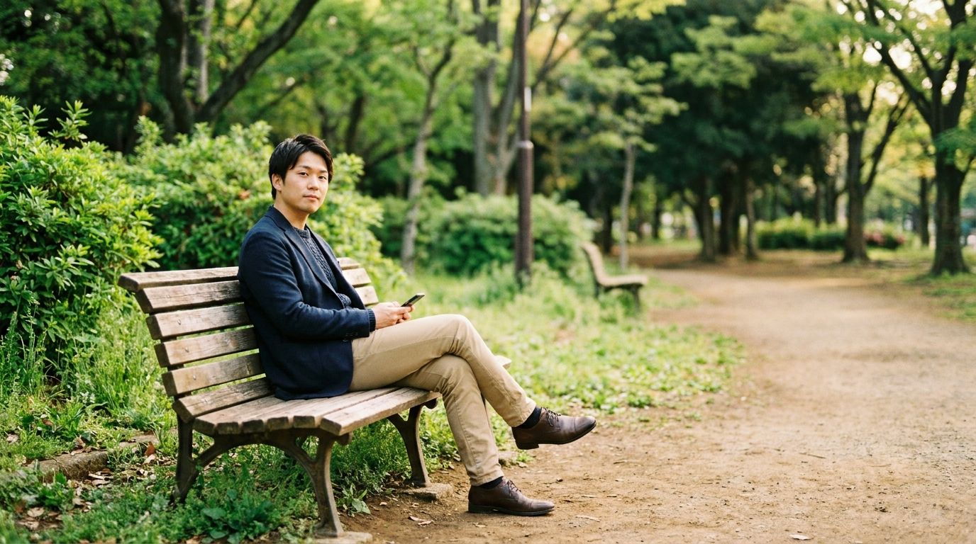 人の少ない公園で一人撮影する男性
