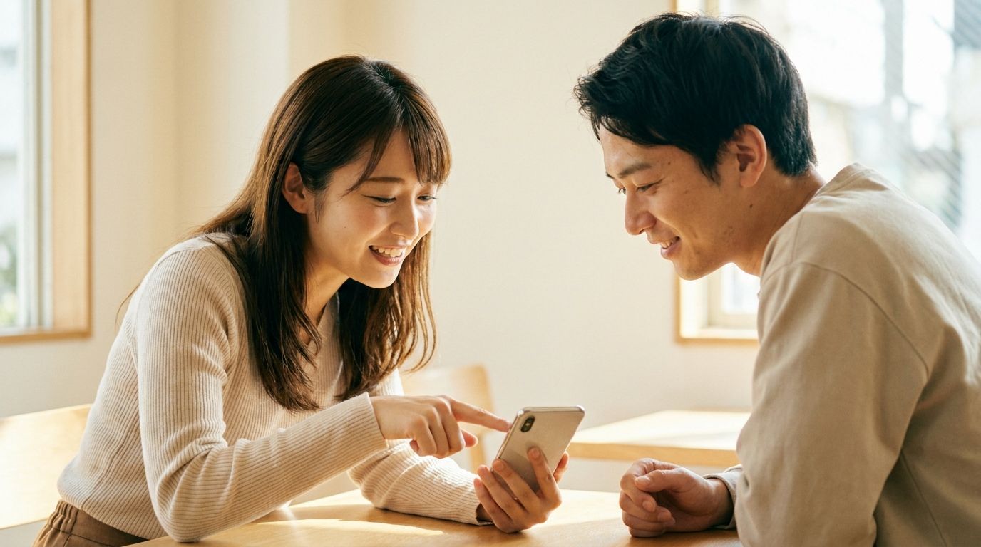 友人にプロフィールを見てもらうシーン