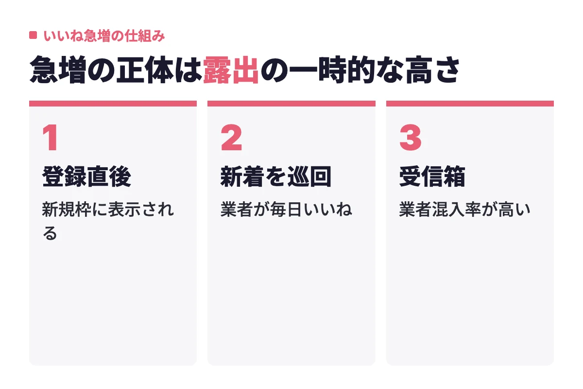 登録直後に新規枠として表示され、業者が新着を毎日巡回していいねを撒き、混入率の高い受信箱ができあがるまでの流れ。