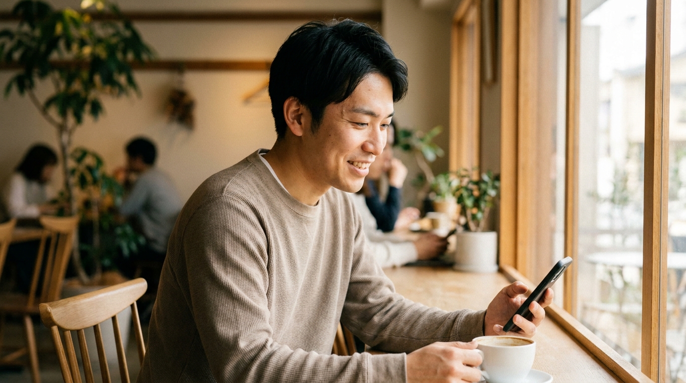 スマホを見つめる男性写真