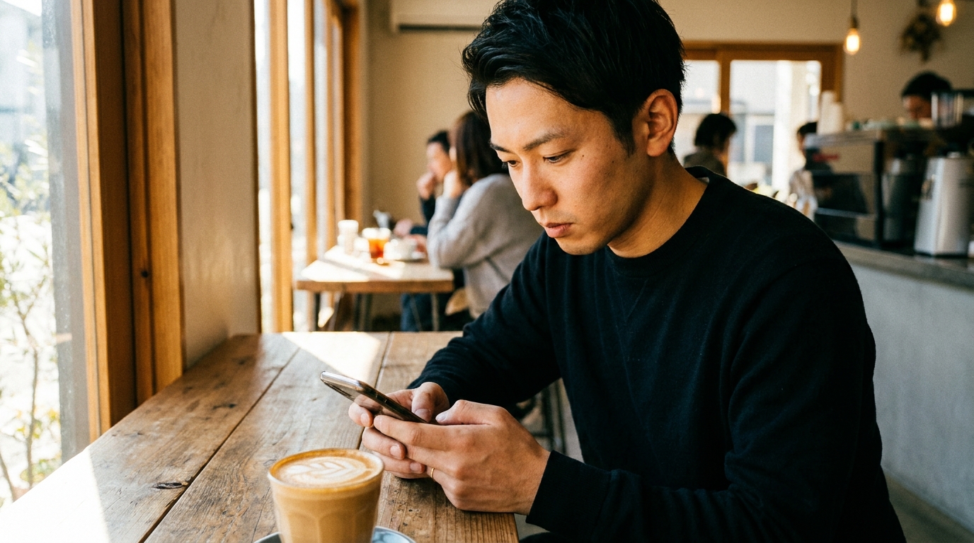 カフェでメッセージを打つ男性