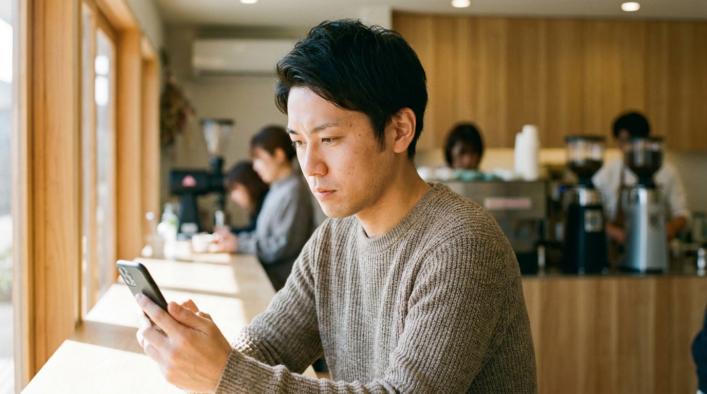 カフェでスマホを操作する男性