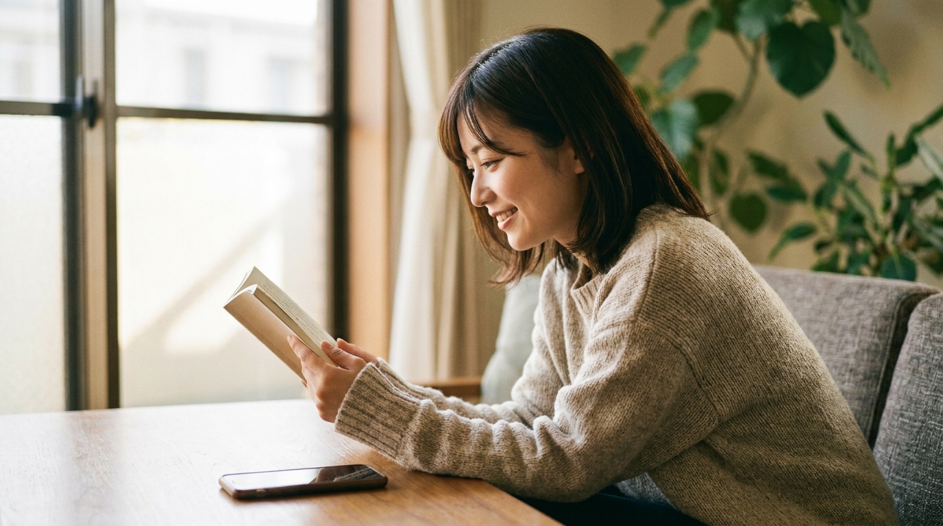 スマホを置いてリラックスする女性