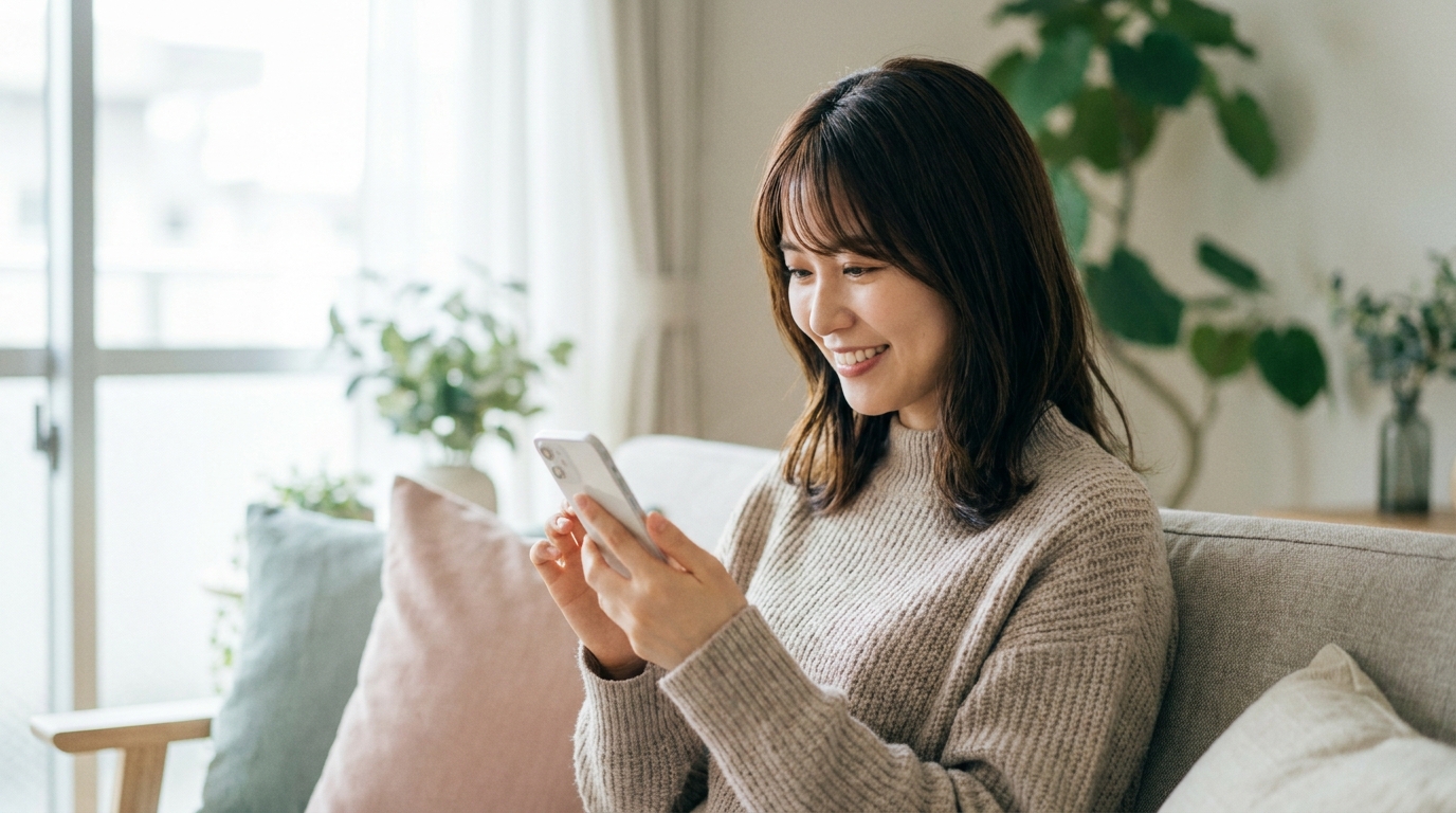 スマホでメッセージを送る女性