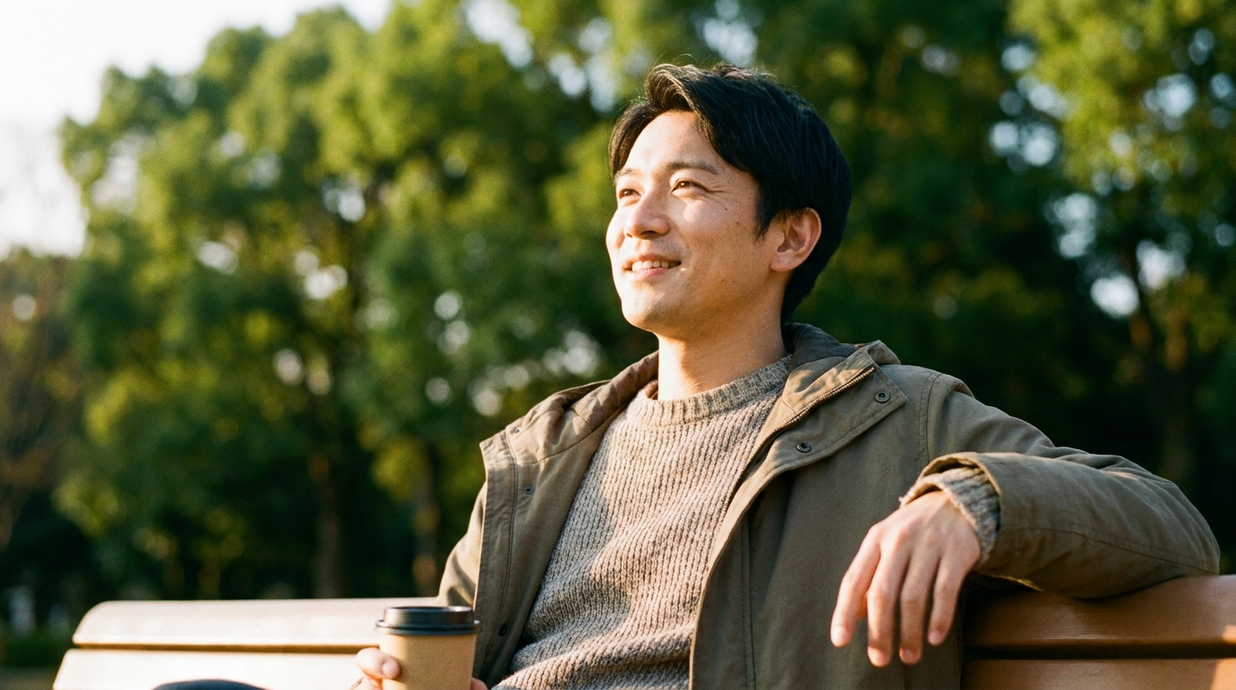 穏やかな表情で前を向く男性
