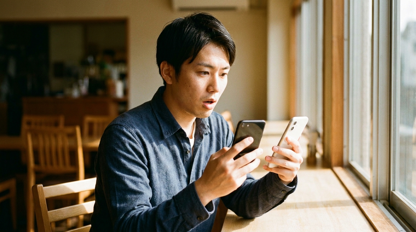 アプリを見比べる男性