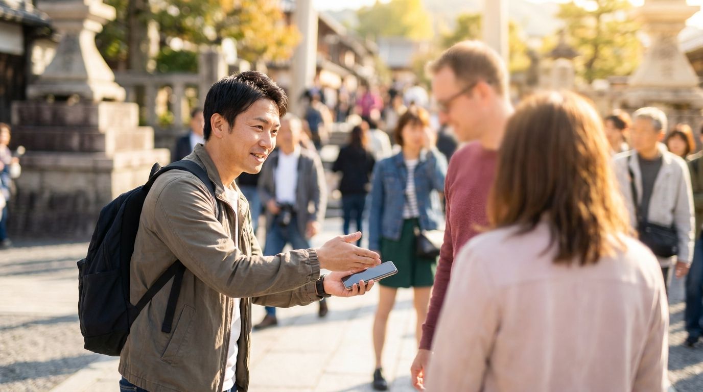 観光地で撮影を頼む様子
