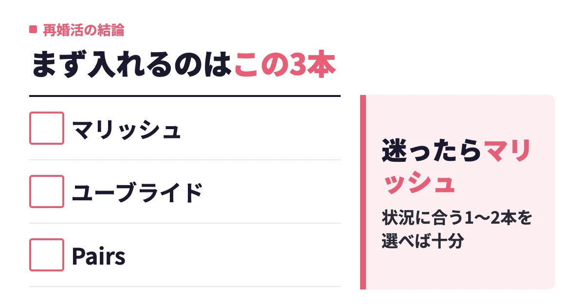 再婚におすすめのマッチングアプリ8選【2026年最新】子持ち・年代別の選び方