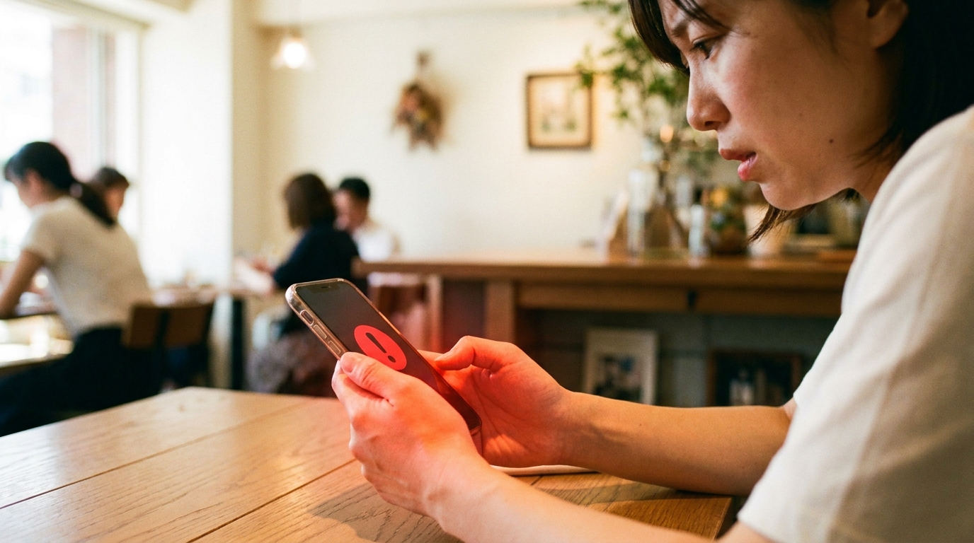 スマホに警告表示を見る女性