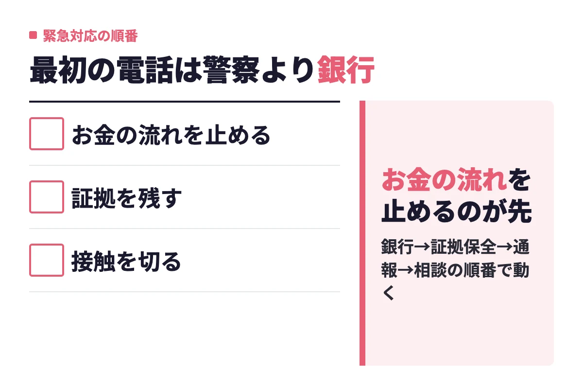 Omiaiで騙されたと思ったら、お金の流れを止める・証拠を残す・接触を切るの3つを行い、最初の連絡先は警察ではなく振込先の銀行にする。