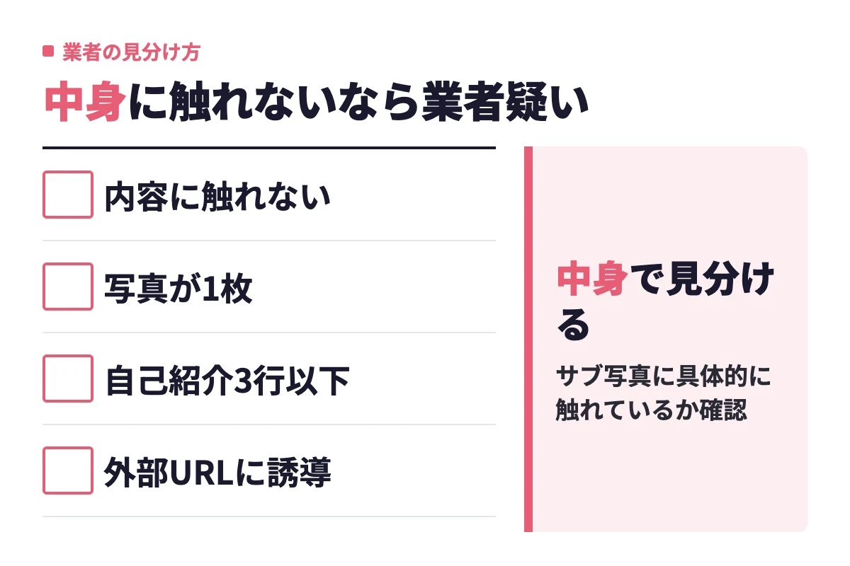 内容に触れない、写真が1枚、自己紹介3行以下、外部URLに誘導の4つが業者やテンプレ営業のサインで、サブ写真の中身に具体的に触れているかが判断基準になる