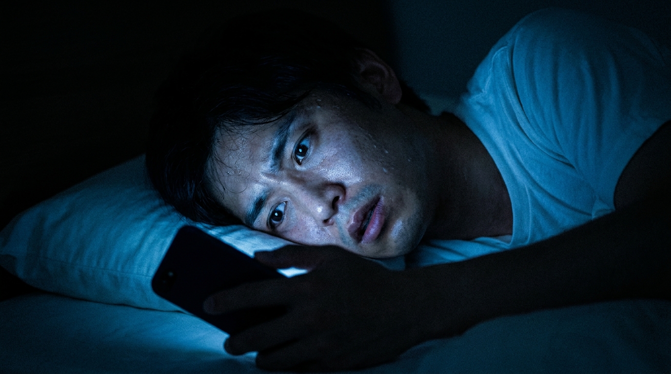 夜中にスマホを気にする男性