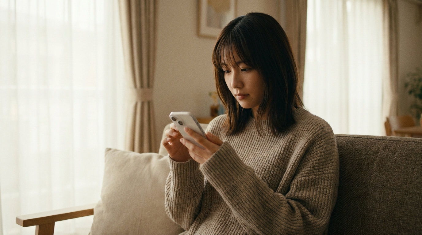 スマホでアプリを確認する女性