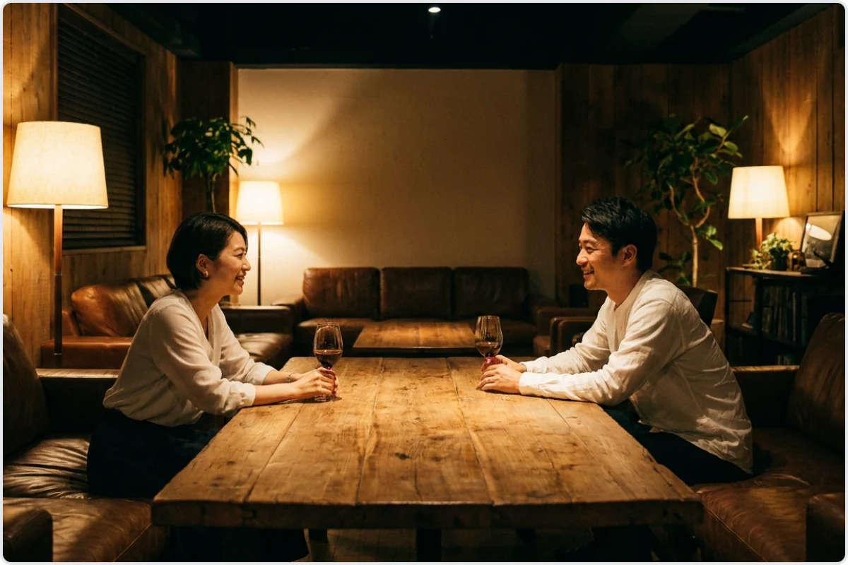 落ち着いた照明のラウンジで、男女が1対1でワインを片手にゆったり会話している場面のイメージ。