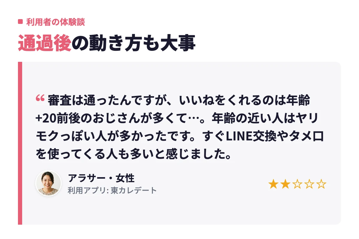 審査には通過したものの、いいねをくれるのは年上の男性が多く、年齢の近い相手にはヤリモクが多かったというアラサー女性の体験談。