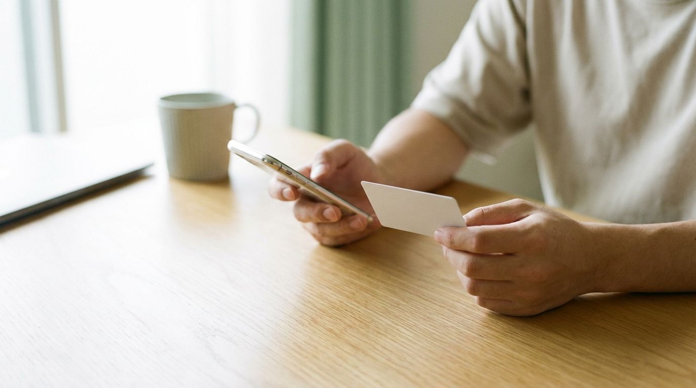 スマホとクレカで課金する男性の手元