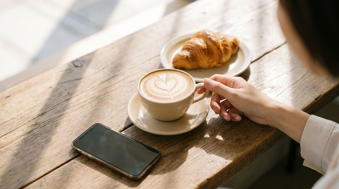 カフェのテーブルに並ぶ飲食物