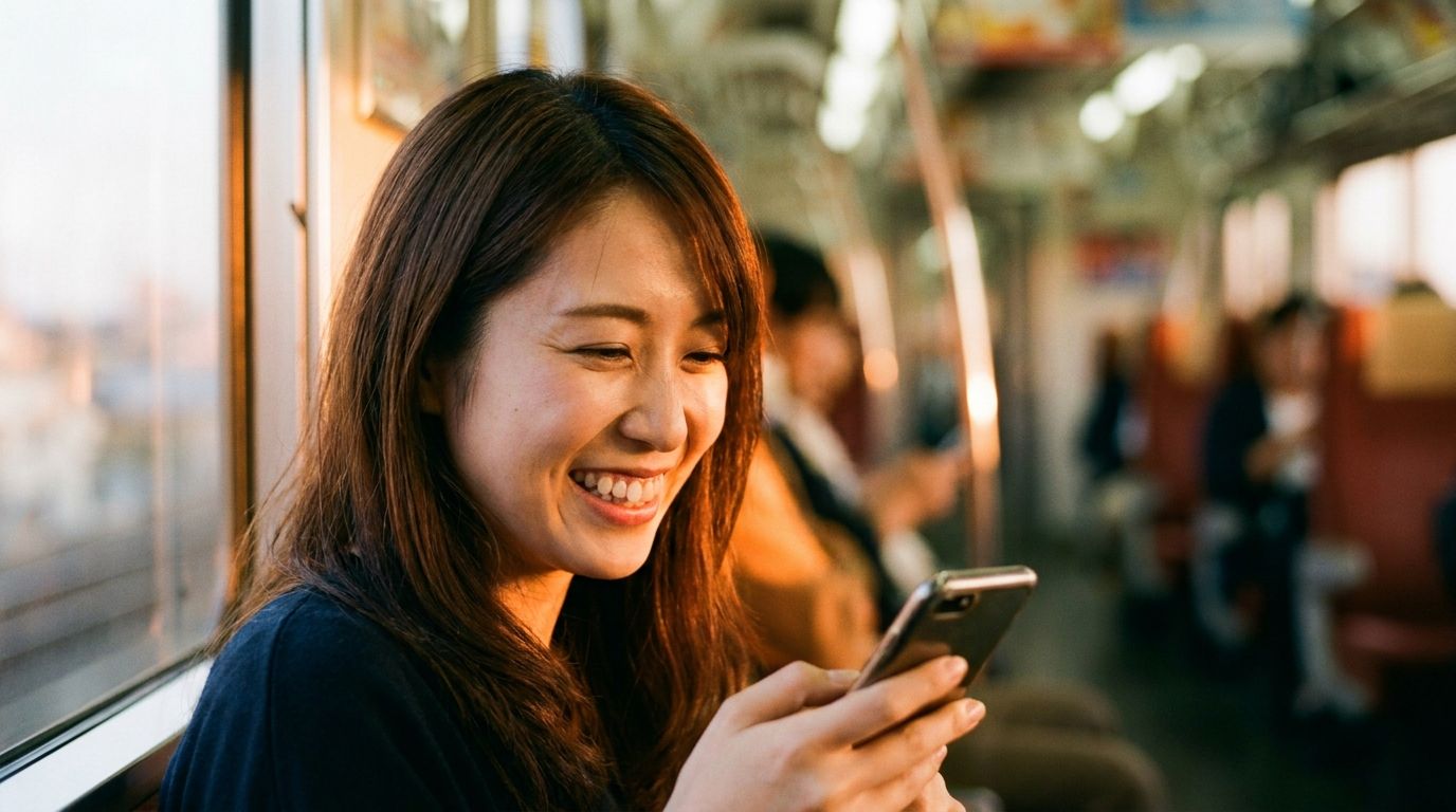 スマホを見て微笑む女性