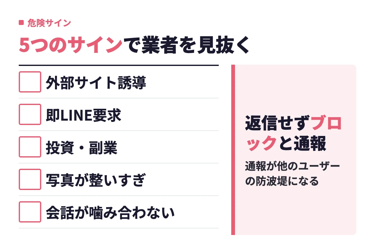 外部サイト誘導や即LINE要求、投資・副業の単語、整いすぎた写真、噛み合わない会話が見られたら返信せずブロックと通報で対処するという判断。